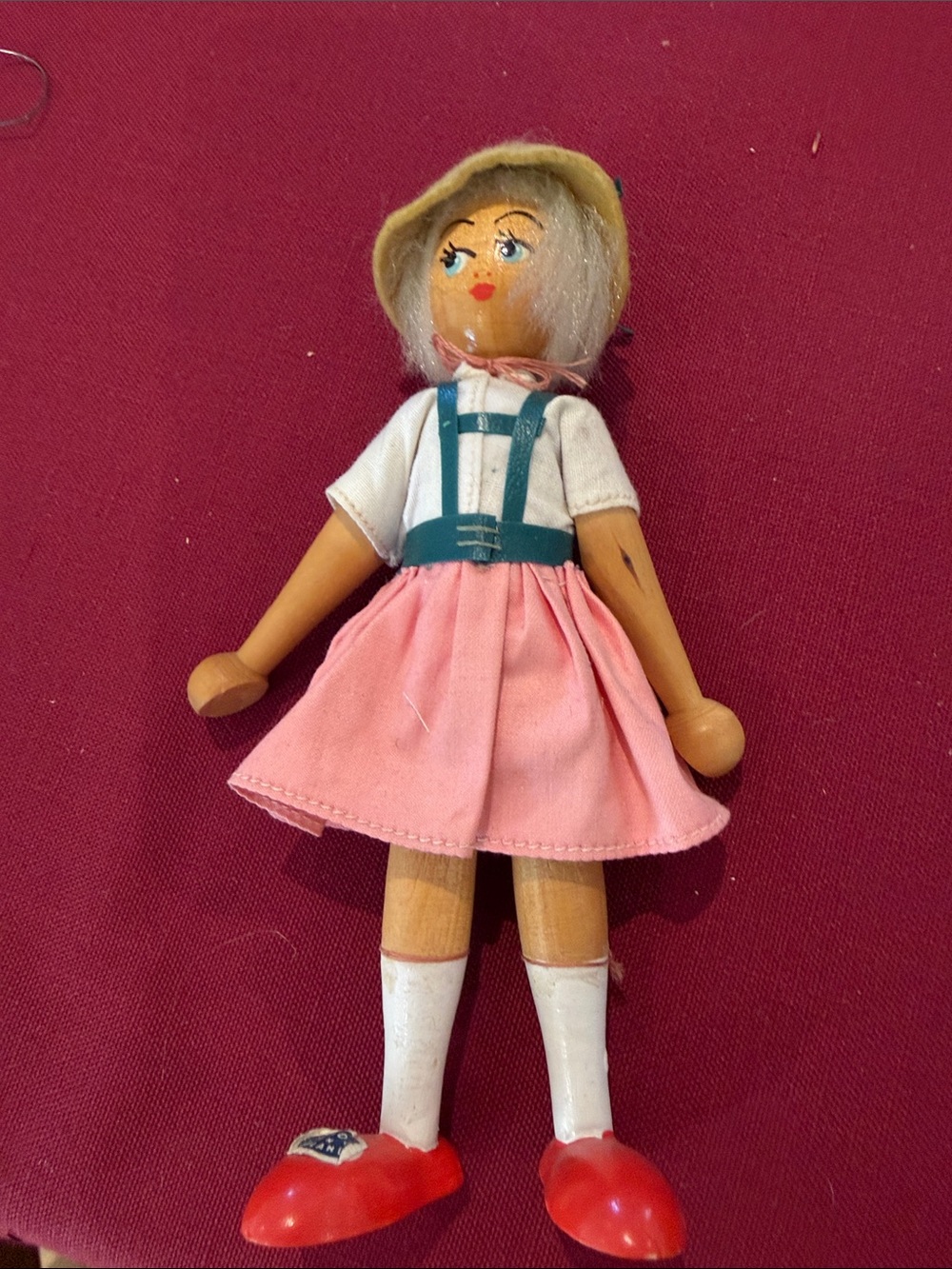 Handmade Wooden Doll in Pink Dress with Teal Accents